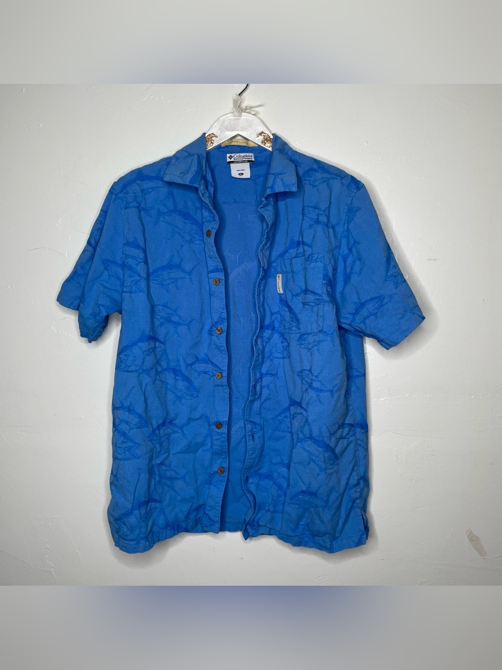 COLUMBIA BLUE TROPICAL HAWAIIAN FISH PRINT RIVER LODGE SHIRT SZ XL
